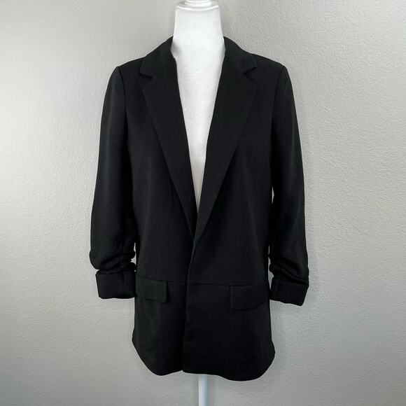 Truth Black Open Front Notch Lapel Ruched Sleeve Blazer NWT Medium - Picture 1 of 13